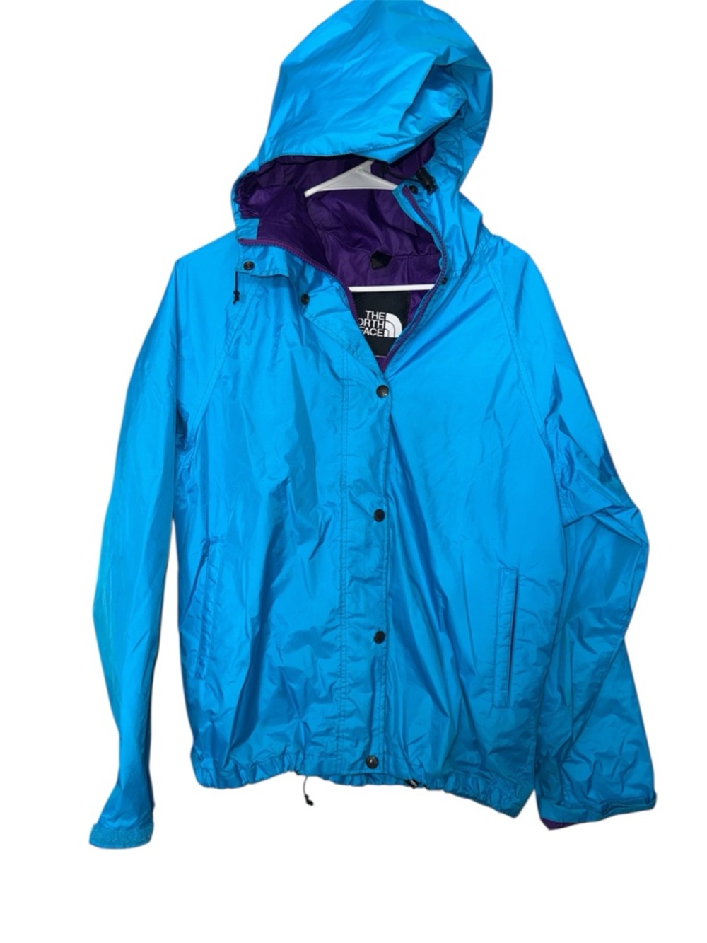 The North Face Women's Bright Blue Hooded Rain Jacket with Purple Lining